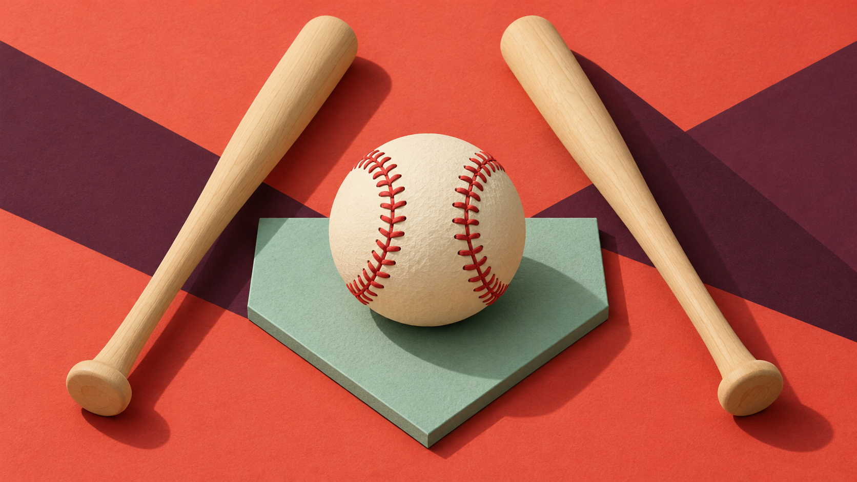Editorial illustration: an ivory stitched baseball and two plain wooden bats frame a mint home plate on coral paper with aubergine shadows; symbolic baseball, not actual player equipment or a match photograph.