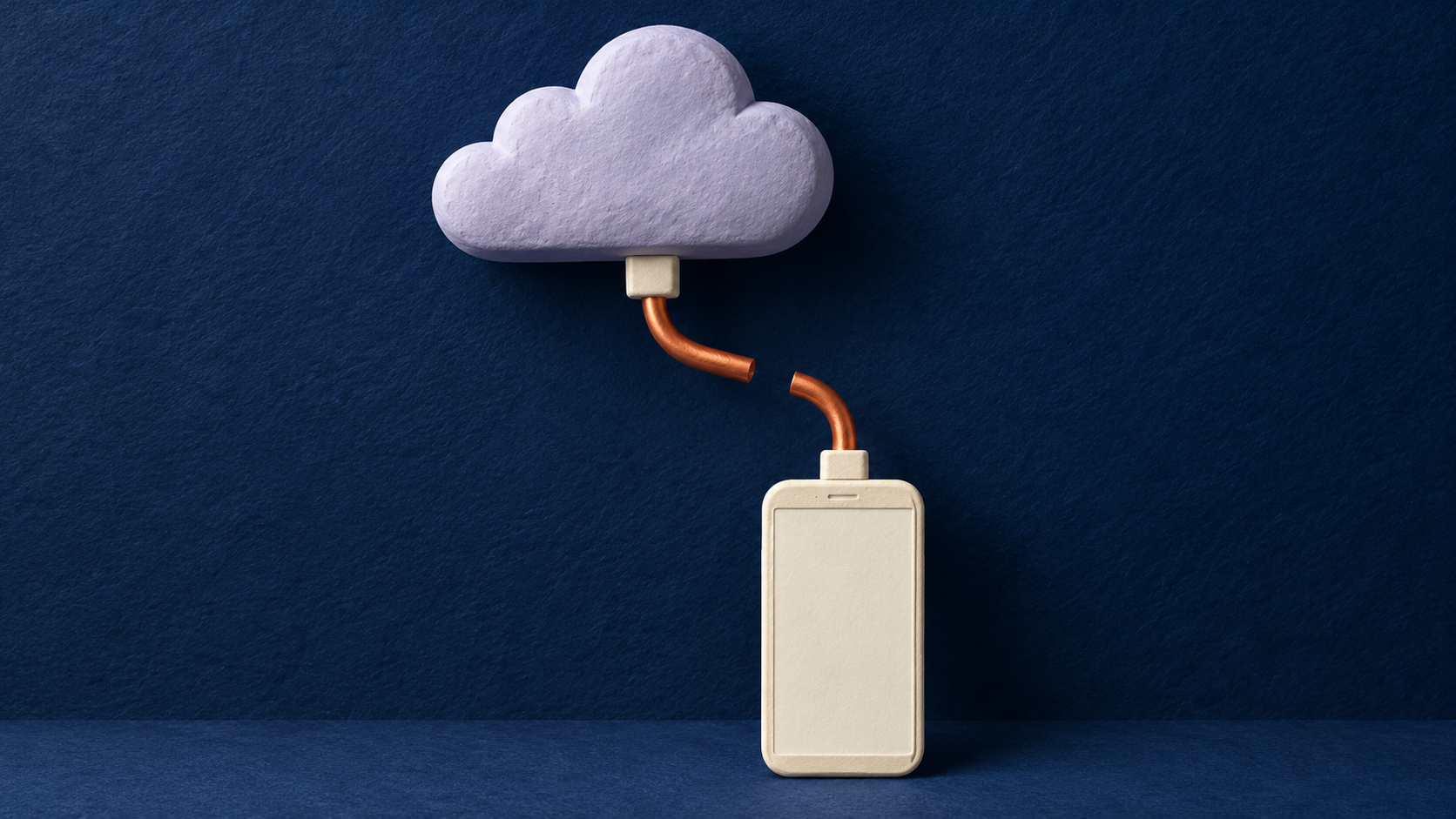 Editorial illustration: a lavender ceramic cloud and blank ivory phone are linked by an orange conduit with a small gap on navy paper; symbolic service interruption, not an actual app, network diagram or photograph.