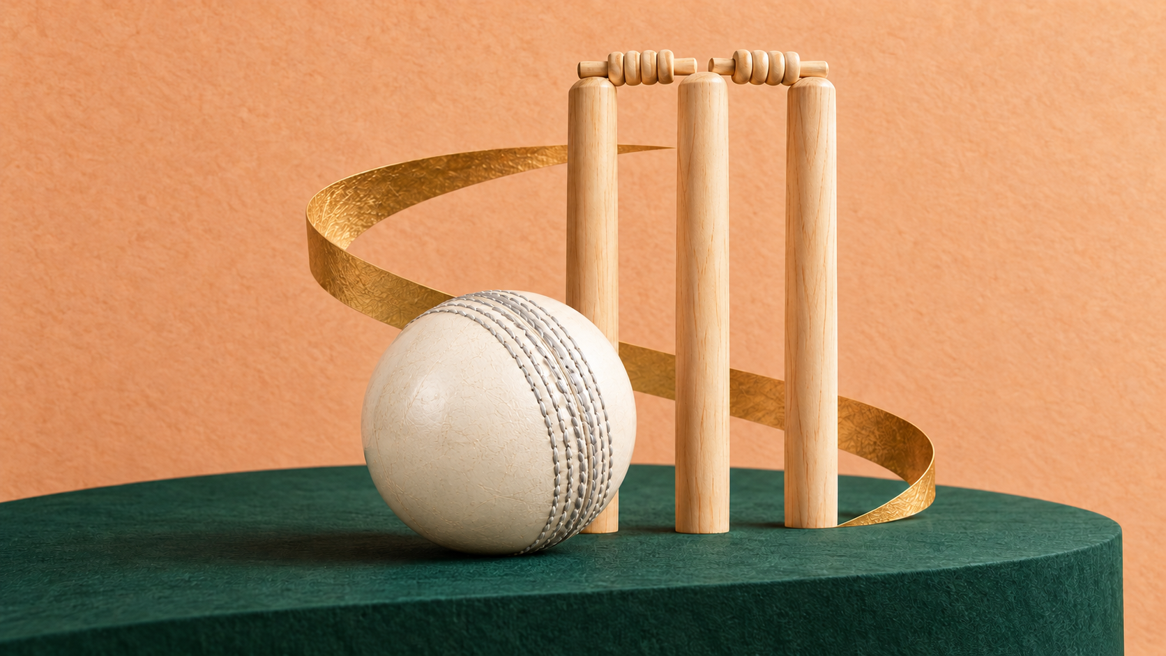 Editorial illustration: a white stitched cricket ball beside three plain wooden stumps and two bails, with a gold paper arc on an emerald plinth and peach background; symbolic spin bowling, not match equipment or a photograph.
