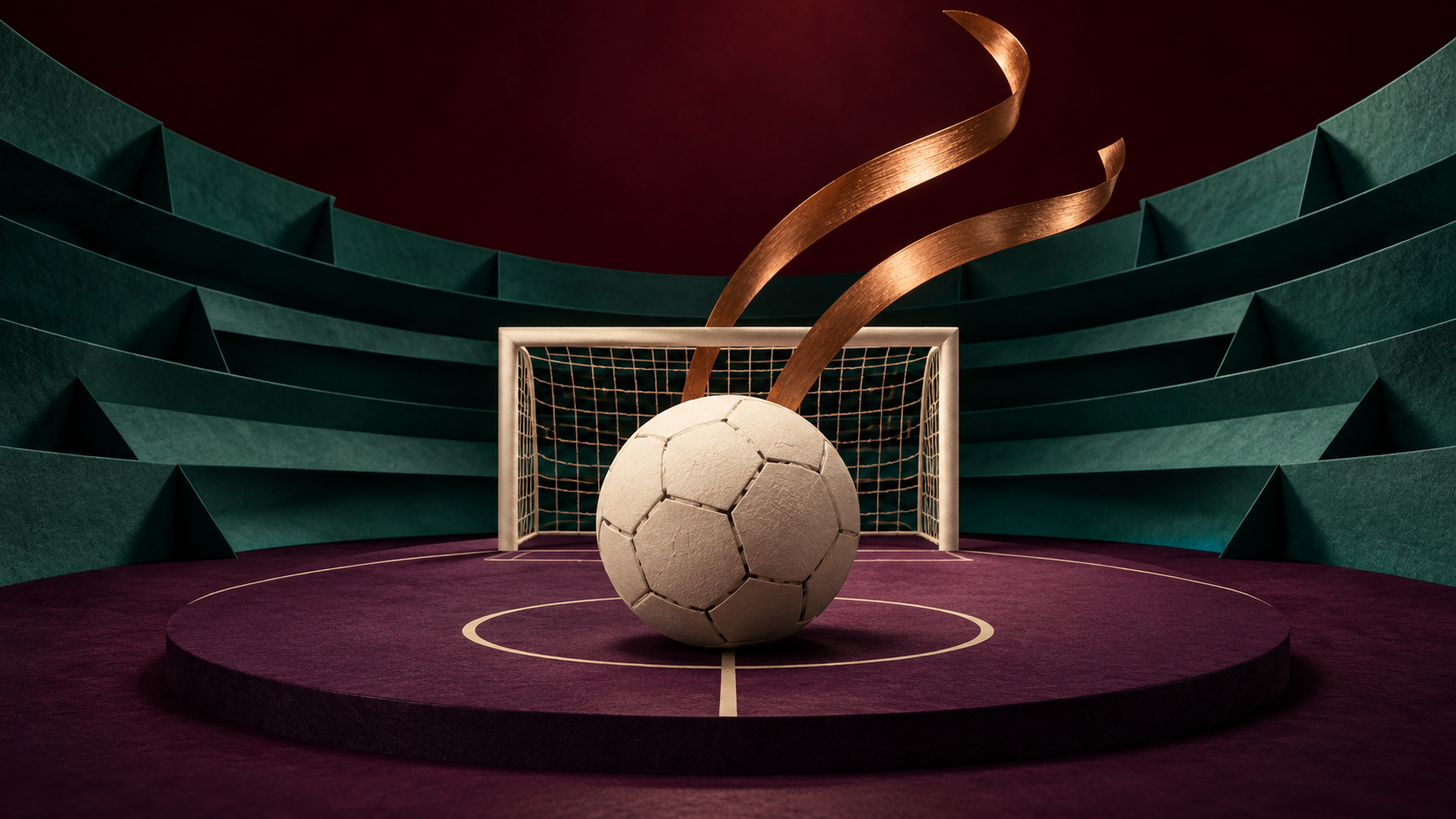 Editorial illustration: an ivory football and miniature goal sit on a violet circular pitch, with two copper ribbons and folded petrol-green terraces against black cherry; symbolic late goals, not actual stadium equipment, trajectories or a photograph.