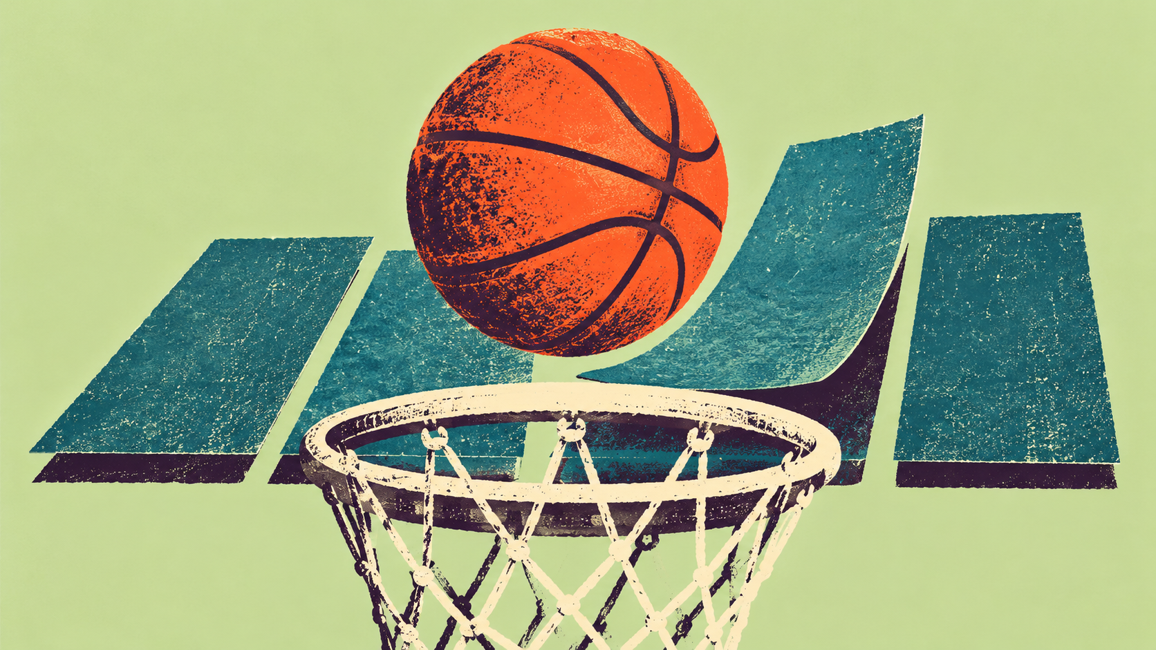 Editorial illustration: a tangerine basketball floats over an ivory hoop and net before four teal paper strips, the third curling upward on pistachio; symbolic third-quarter momentum, not an actual court, play or photograph.