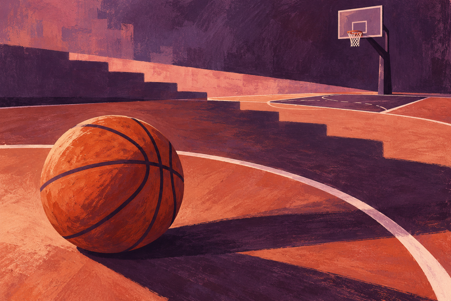 Editorial gouache illustration of a terracotta basketball, purple court and stepped shadows beneath a distant hoop; not a photograph of Thunder–Spurs.