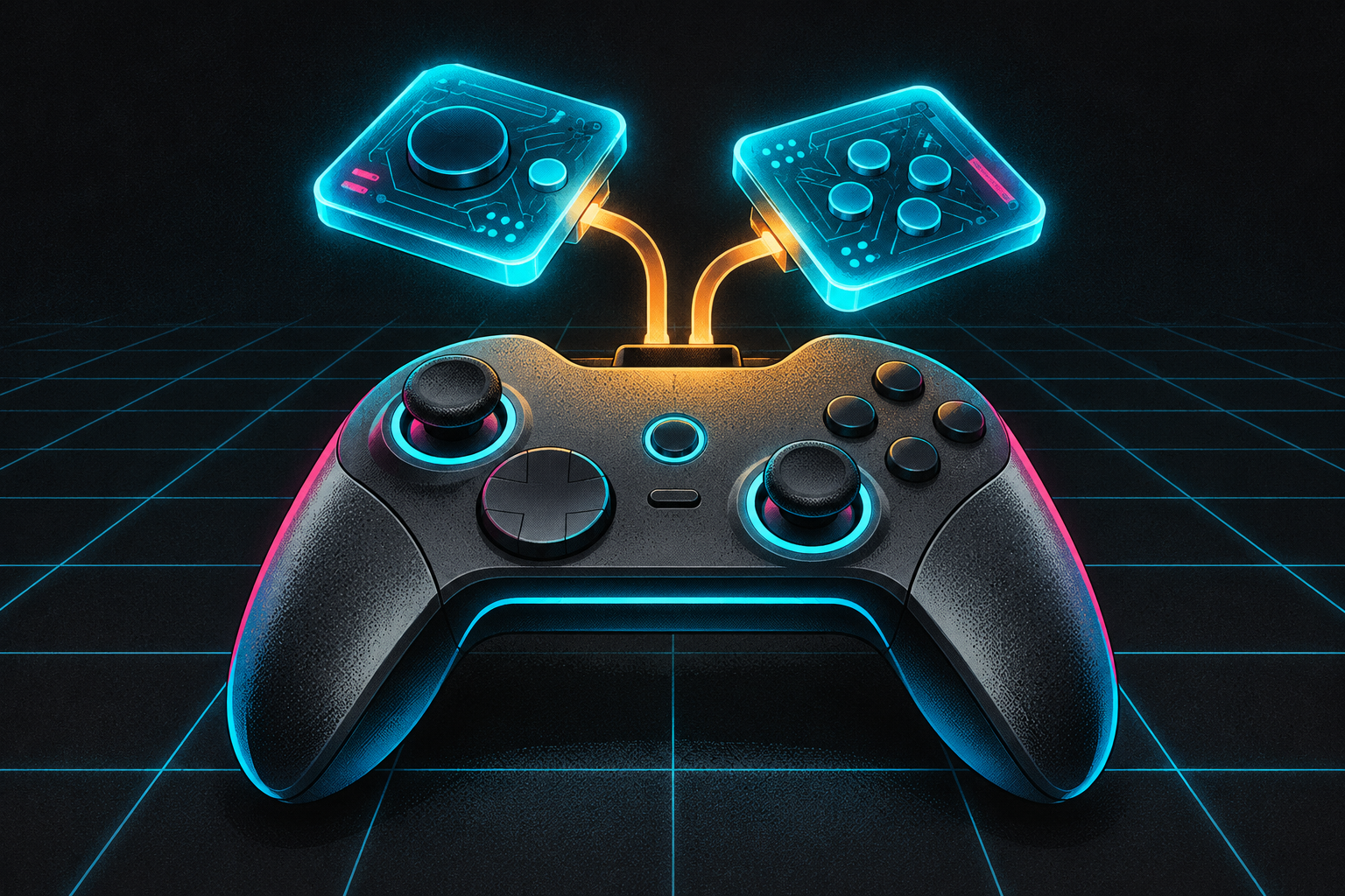Editorial illustration of a generic game controller beneath two luminous cyan circuit tiles and amber cables on a dark grid; not Cyberpunk artwork, a screenshot or an actual product.