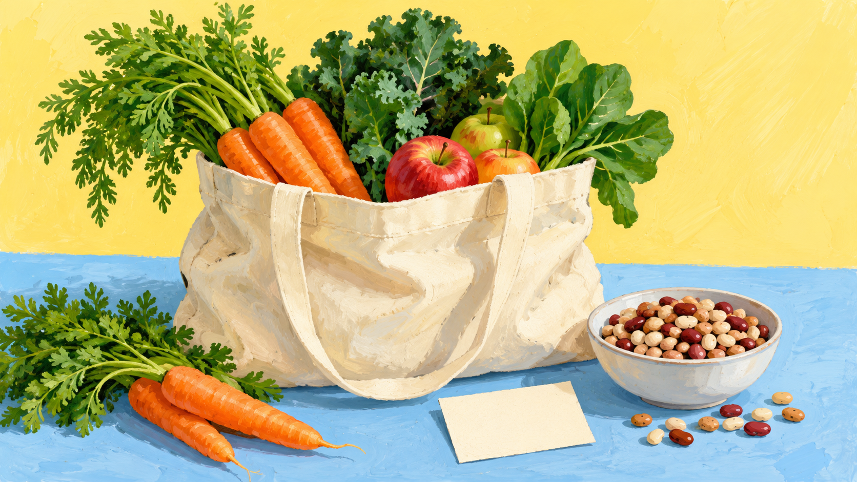 Editorial gouache illustration of a cream shopping bag with carrots, apples and leafy greens beside plain beans and a blank symbolic voucher on blue and yellow; not a photograph or an actual Sainsbury’s eGift Card.