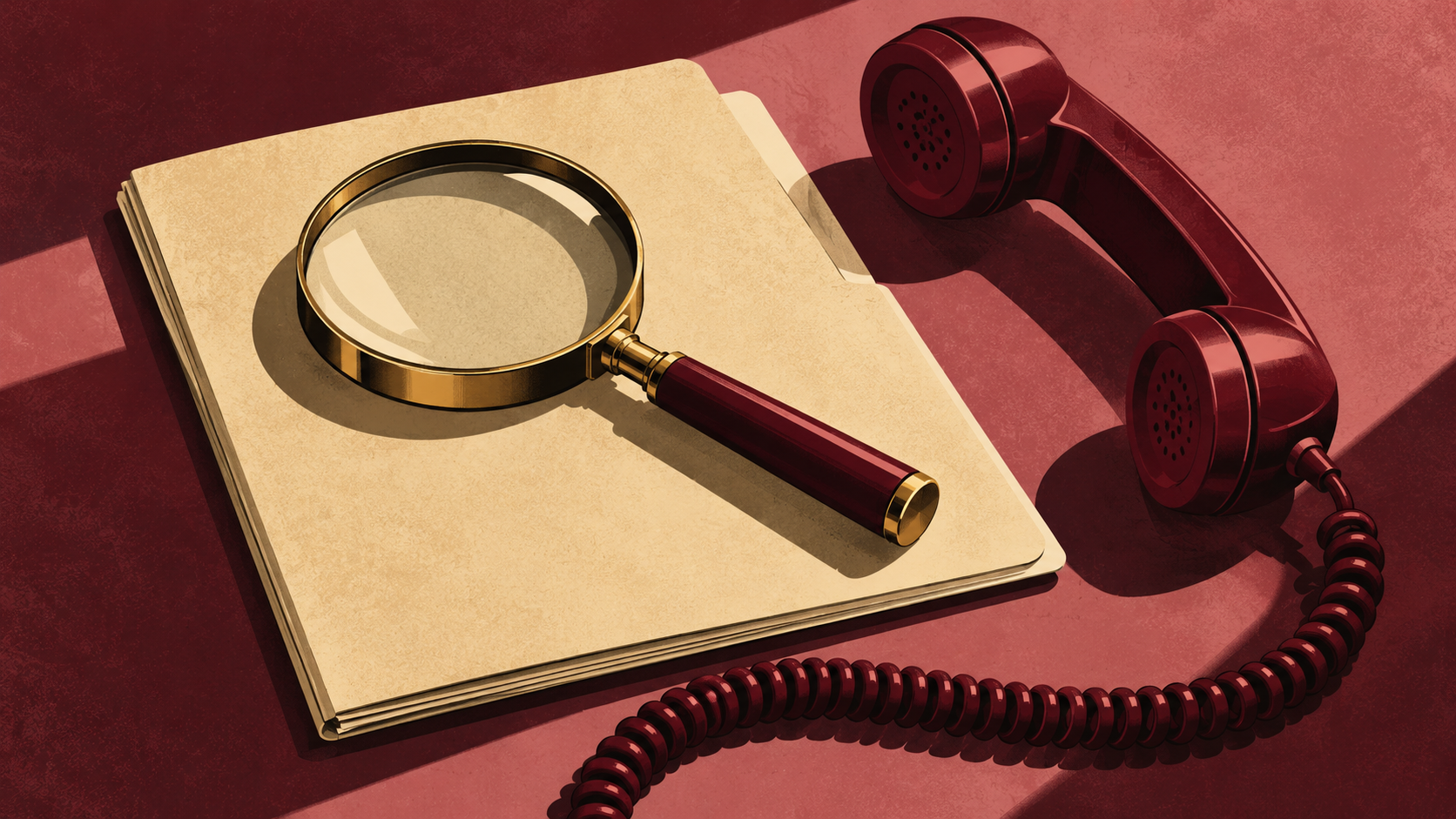 Editorial illustration of a brass-rimmed magnifying glass on a blank manila folder beside a burgundy corded telephone receiver on a rose desk; symbolic spy fiction, not a photograph, Slow Horses scene or actual show props.