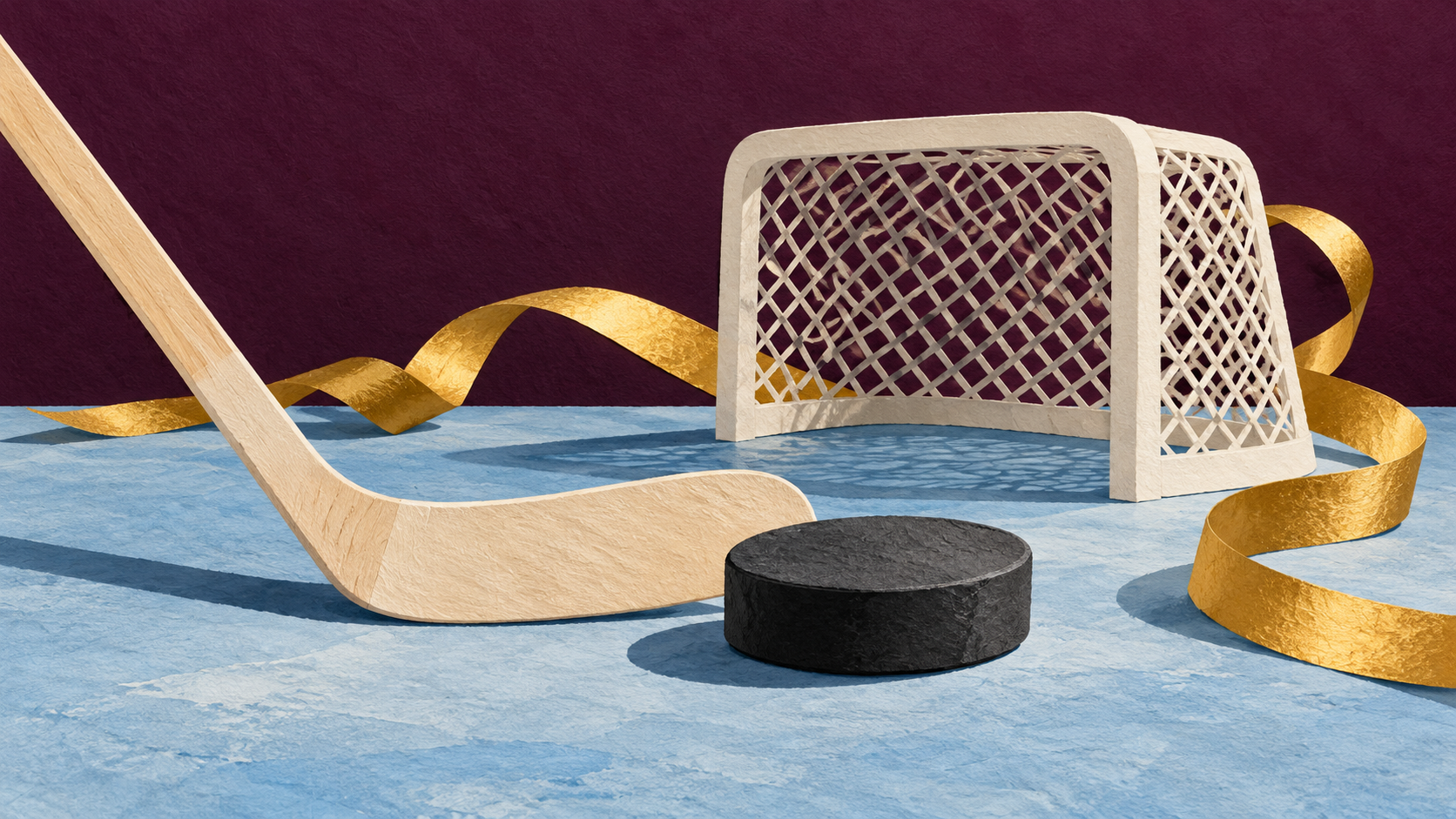 Editorial illustration of a charcoal hockey puck, pale wooden stick and ivory goal with a curling gold ribbon on blue and plum paper; symbolic overtime comeback, not a match photograph or actual play.