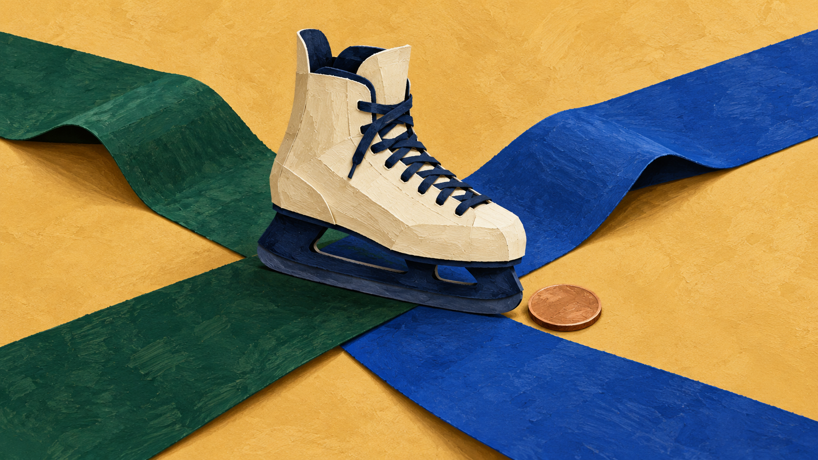 Original editorial illustration of an unbranded ivory hockey skate on crossed evergreen and cobalt paper paths beside a copper disk on ochre; symbolic return and career milestone, not a game photograph.