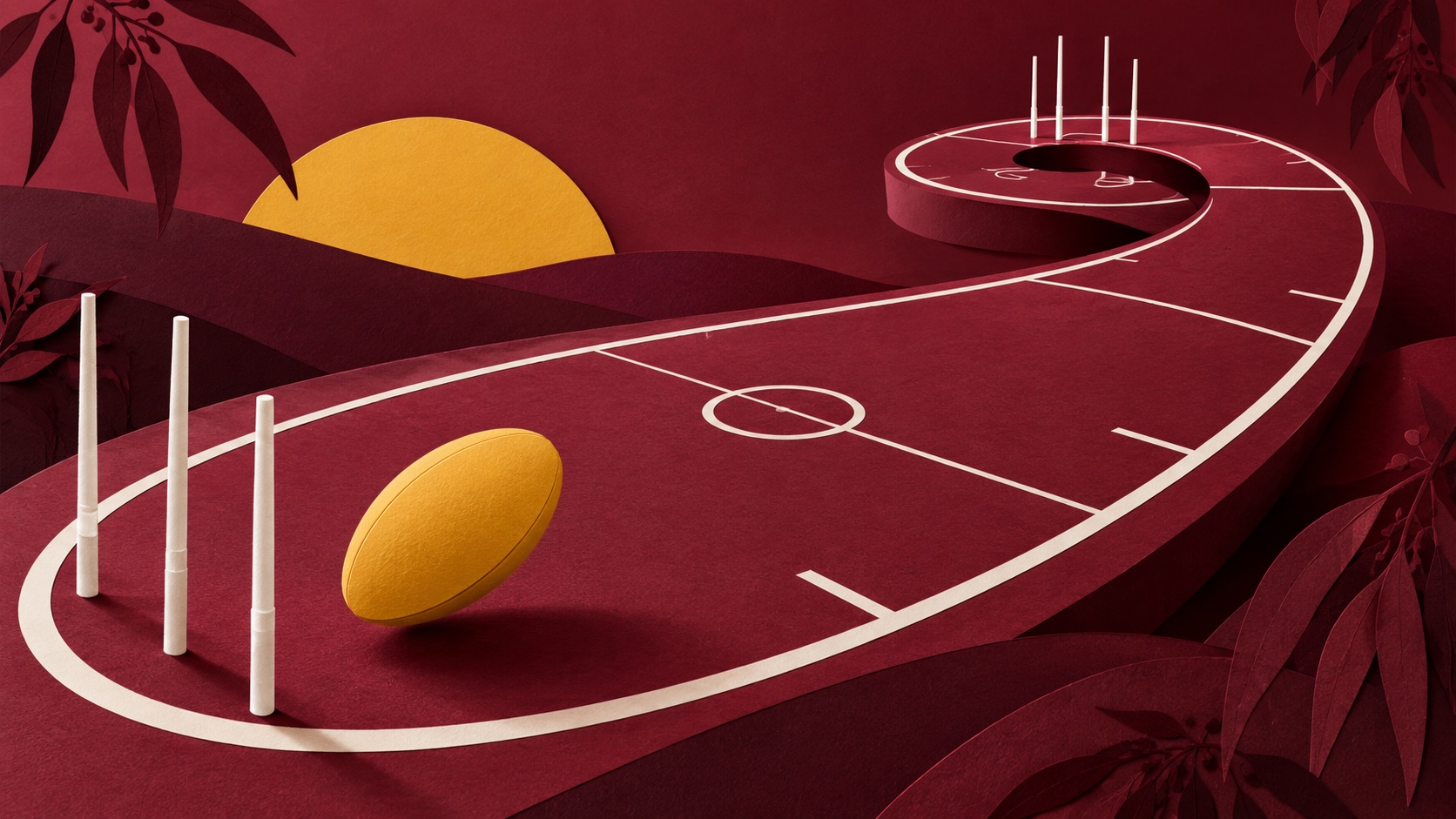 Editorial illustration: A flat maroon paper football field curling into a spiral comeback path, four tall white goalposts and one entirely blank mustard oval ball; not a photograph.
