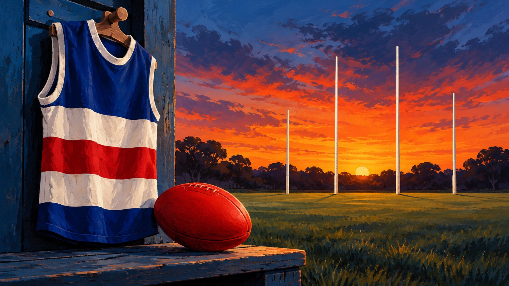 Editorial illustration: An empty plain blue-white-red sleeveless jersey on a peg, a perfectly blank red oval ball and four unconnected upright AFL posts beneath an evening sky; not a photograph.