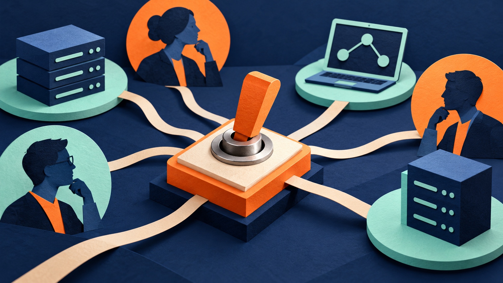 Editorial illustration: A plain mechanical switch in foreground linked by paper threads to separate abstract computer nodes and human oversight silhouettes; not a photograph.
