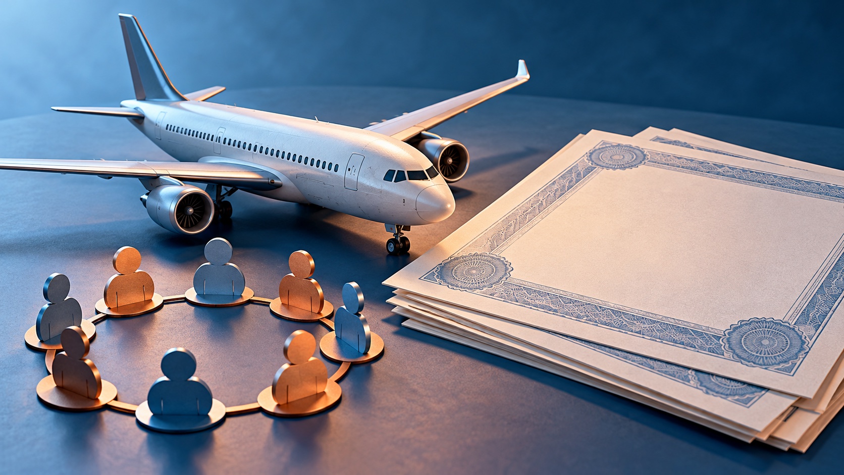 Editorial illustration: An unbranded passenger jet model beside blank share-certificate sheets and a circular arrangement of paper tokens; not an event photograph or official product image.