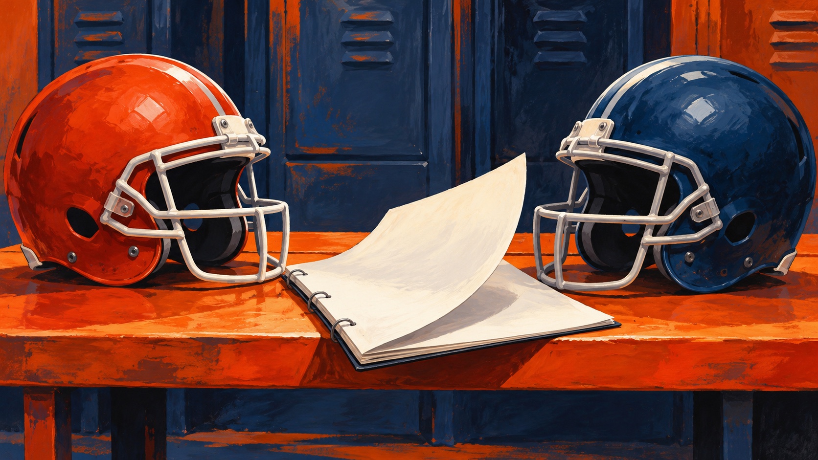 Editorial illustration: Two completely plain quarterback helmets on an orange locker-room bench, a blank playbook page passes between them; not a photograph.
