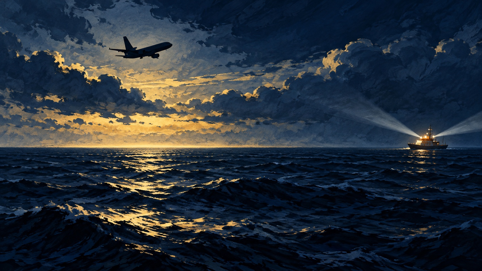 Editorial illustration: atlantic air ambulance search; a conceptual image, not a photograph of the event or actual people.