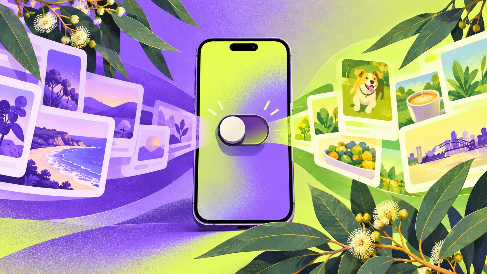 Editorial illustration: A generic phone with a plain physical toggle beside two different flows of unlabelled content cards, Australian eucalyptus leaves framing the screen; not a photograph.