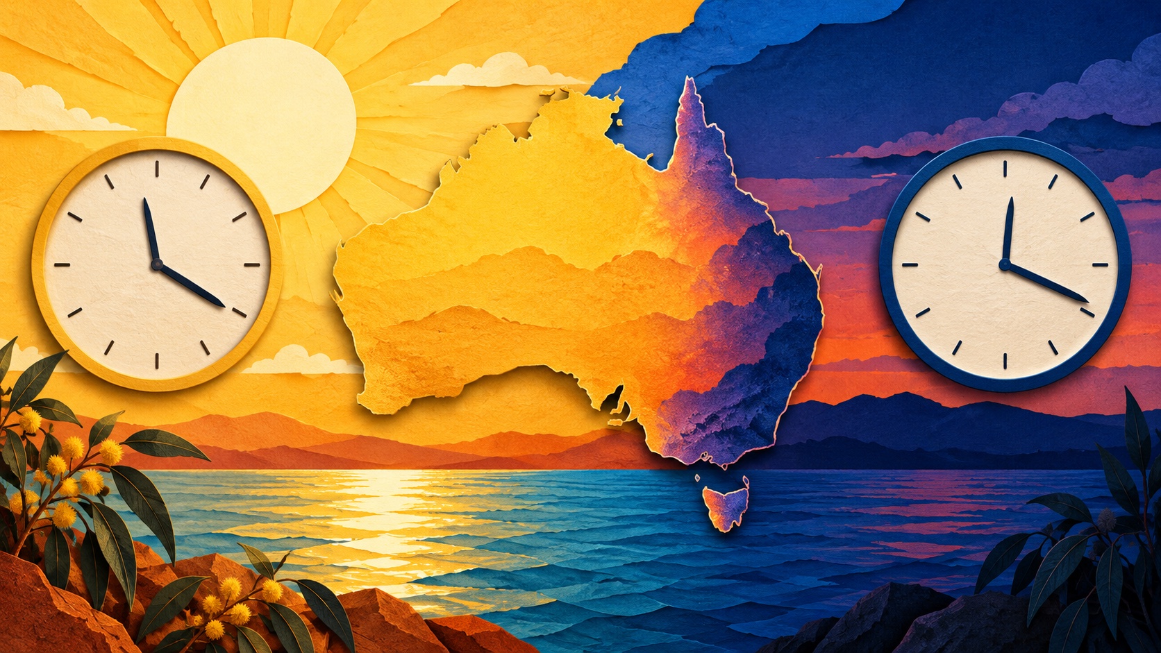 Editorial illustration: A pair of unmarked analog clocks beside a sunlit Australian outline and dusk-colored east coast; not an event photograph or official product image.