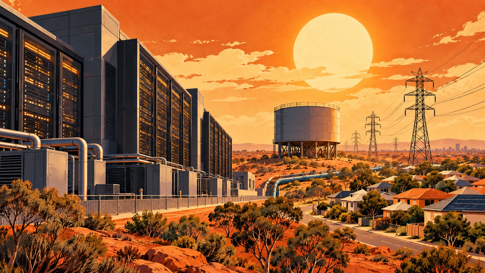 Editorial illustration: A drawn server hall on one side and water tank, power lines and suburban houses on the other under a broad Australian sun, competing infrastructure needs; not a photograph.