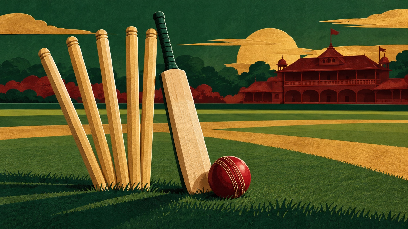 Editorial illustration: Five plain cricket stumps leaning like a fan beside a bat and red ball, green and gold field with a deep red distant pavilion; not a photograph.