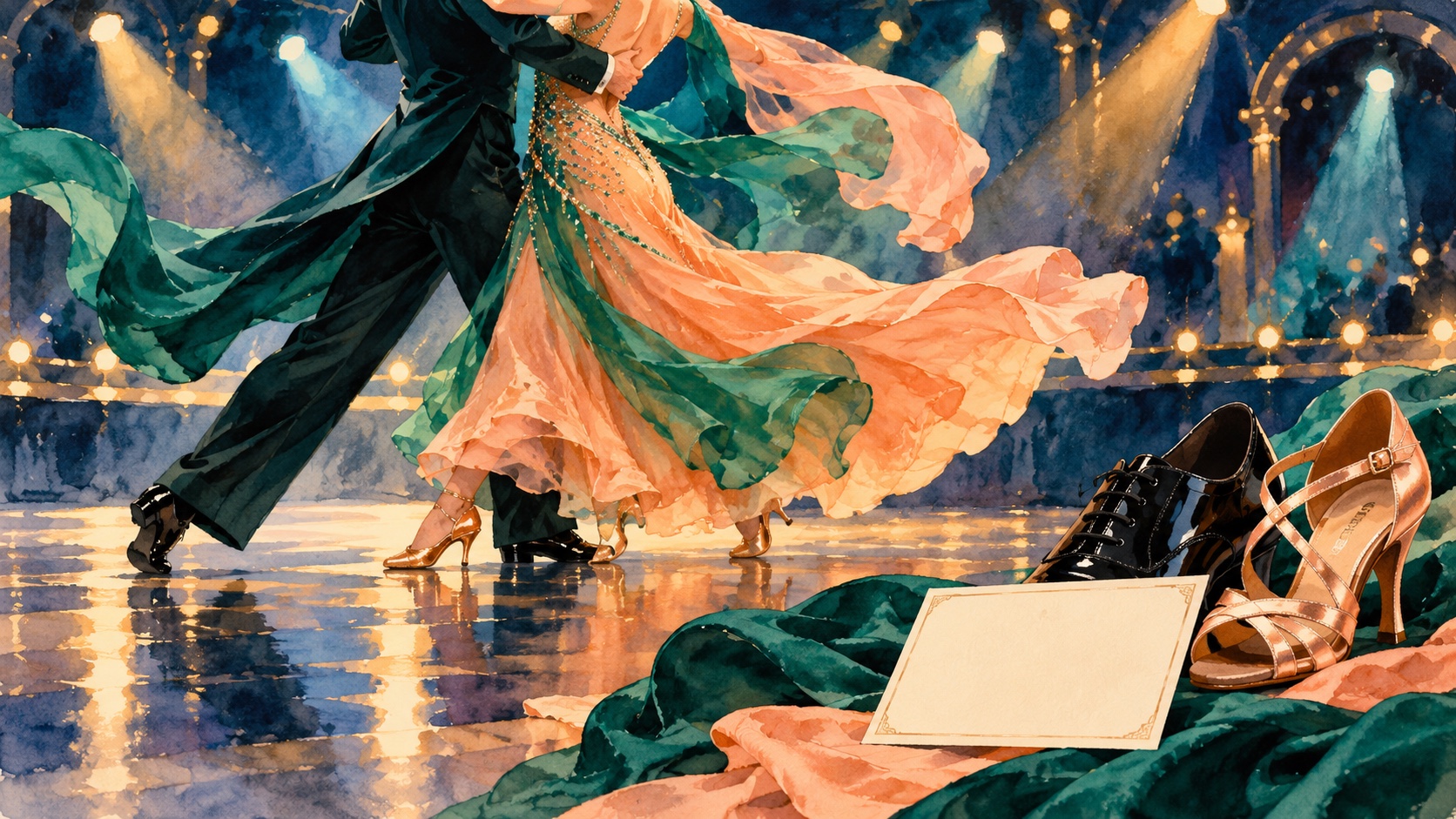 Editorial illustration: Anonymous ballroom dancers in flowing emerald and peach clothes under spotlights; not a photograph of the event or an official product depiction.