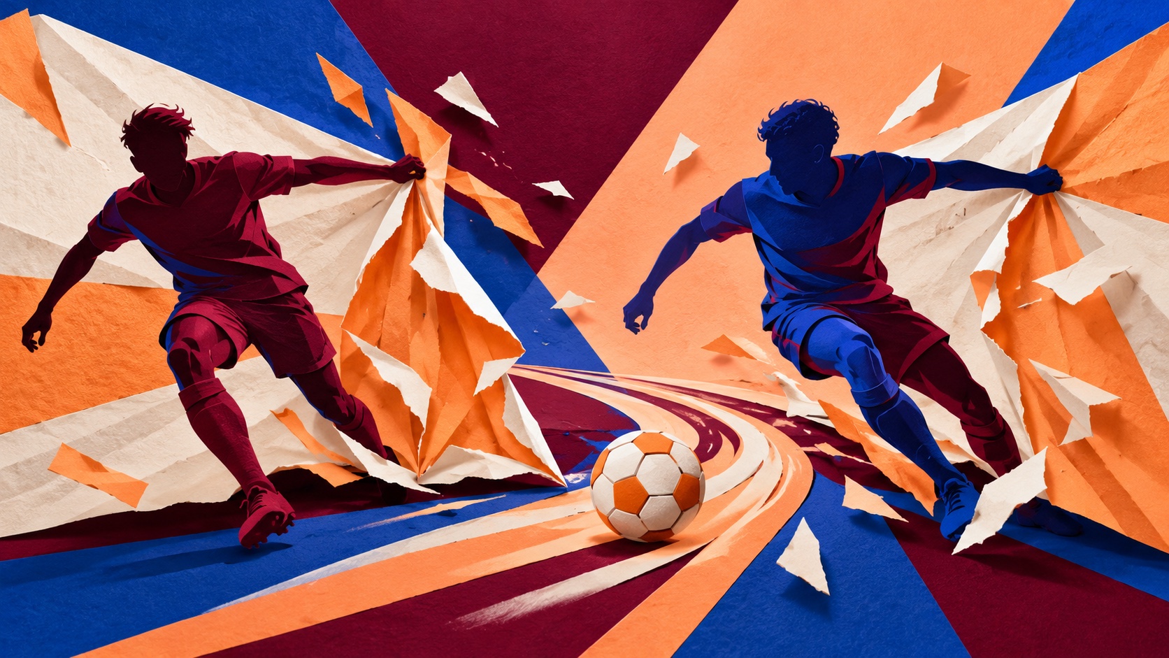 Editorial illustration: Two anonymous maroon-blue football winger silhouettes stretch an orange-white paper defensive curtain apart, ball trail sweeping between them; not a photograph.