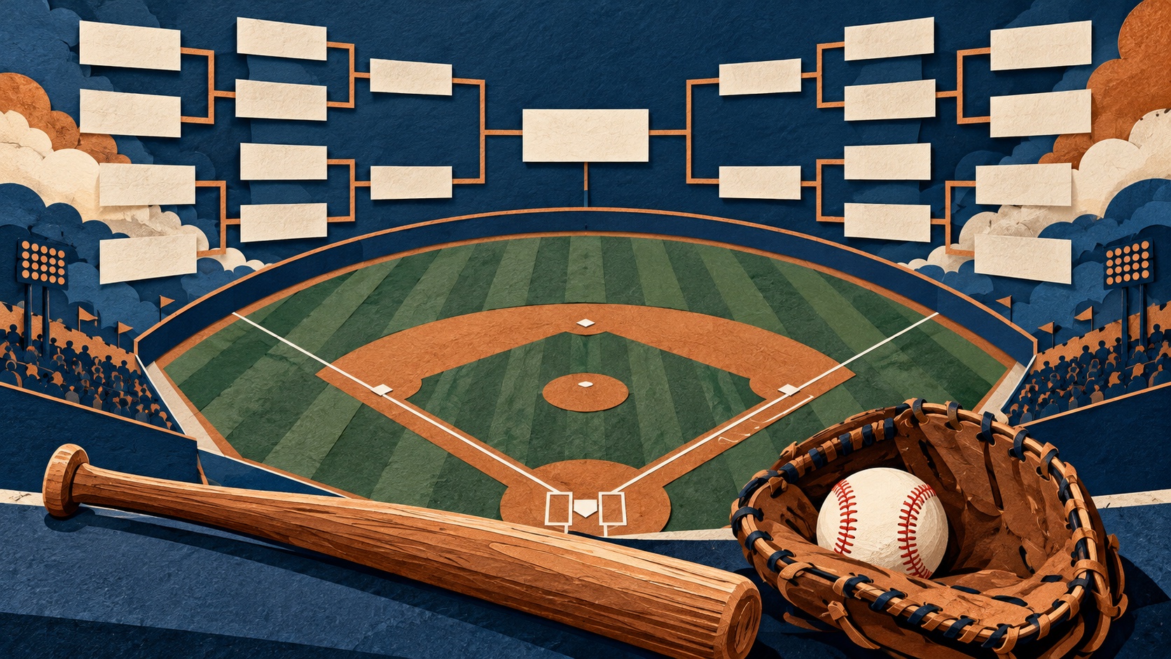 Editorial illustration: baseball playoff path; conceptual artwork, not an event photograph or official document.