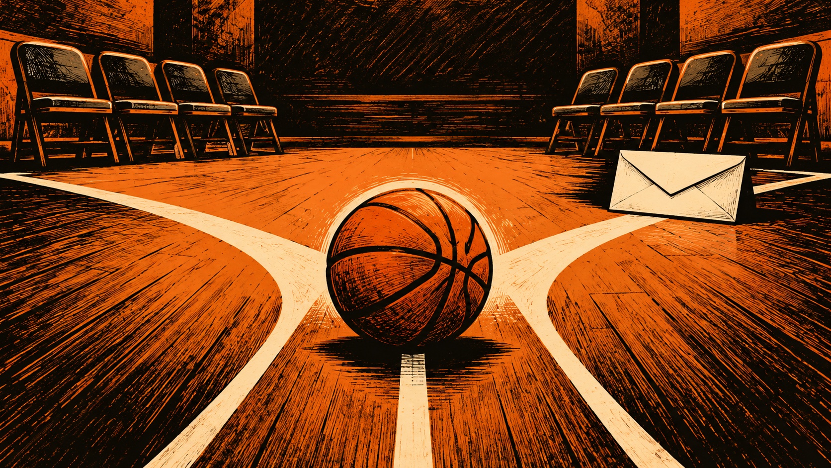 Editorial illustration: A basketball at a fork in a court with several empty squad chairs and a closed plain envelope, restricted future choices not a money-only metaphor; not a photograph.