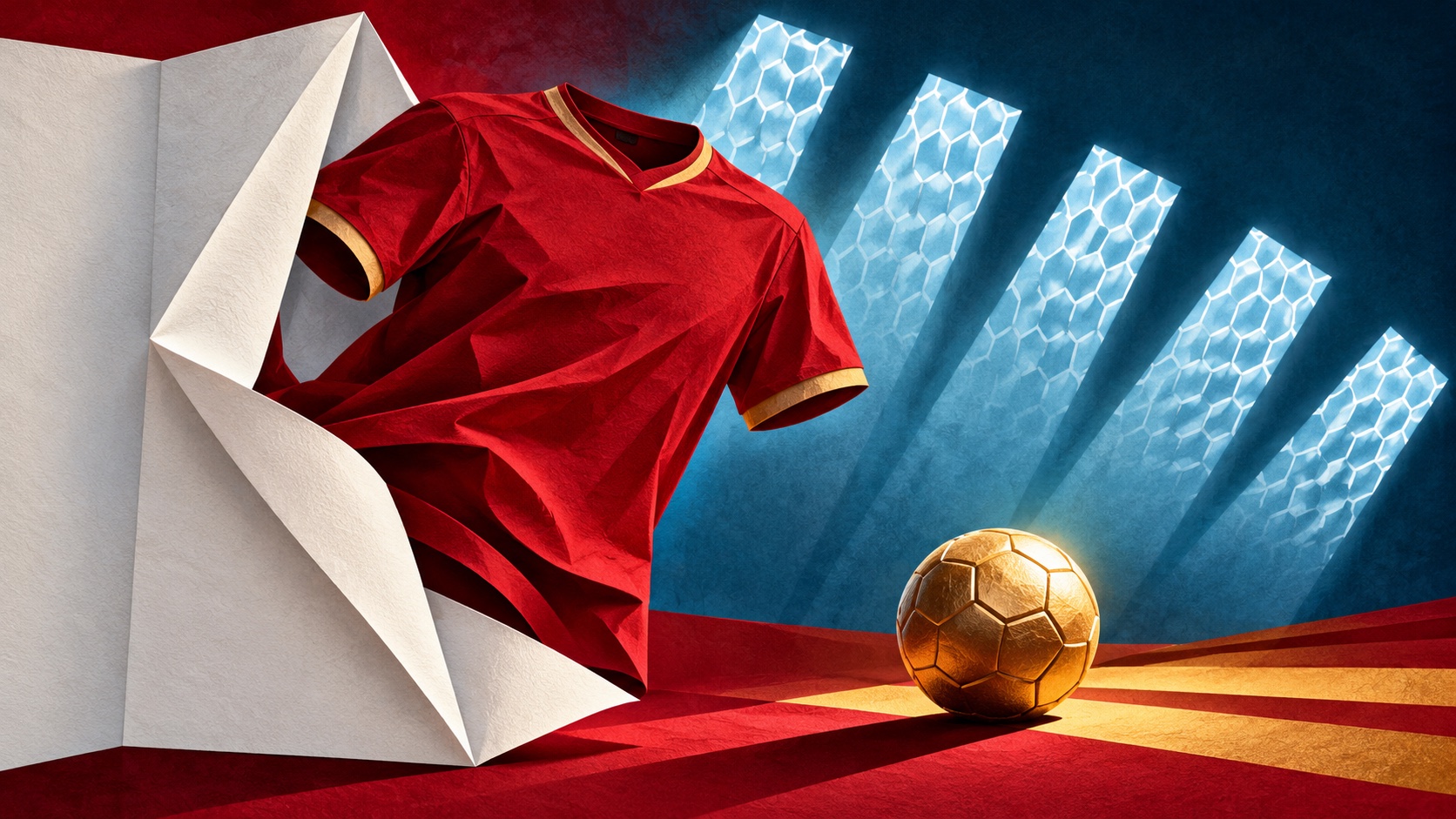 Editorial illustration: A plain crimson football jersey emerges from a folded white halftime screen beside five abstract net-shaped light patches and a golden ball; not a photograph.