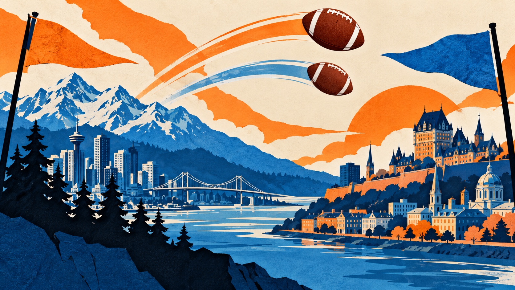 Editorial illustration: Two arcing blank footballs connecting a Vancouver-inspired mountain silhouette to a Montreal-inspired urban silhouette, orange and blue pennants; not a photograph.