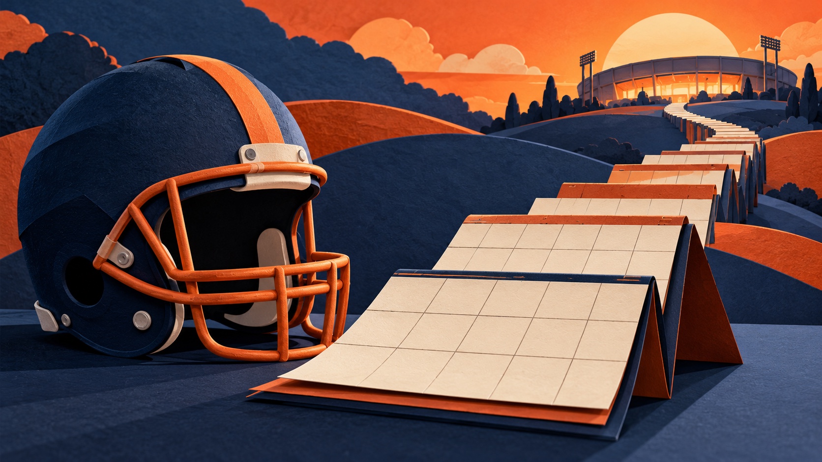 Editorial illustration: An empty navy orange football helmet beside a folded calendar whose blank tiles rise like uneven stairs toward a distant stadium; not a photograph.