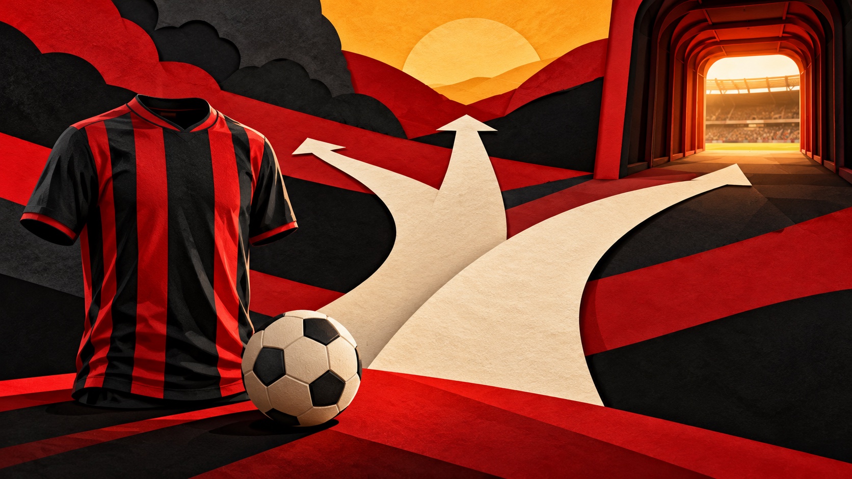 Editorial illustration: An empty red-black football shirt beside a ball and three diverging paper routes, one route fading beyond a stadium tunnel; not a photograph.