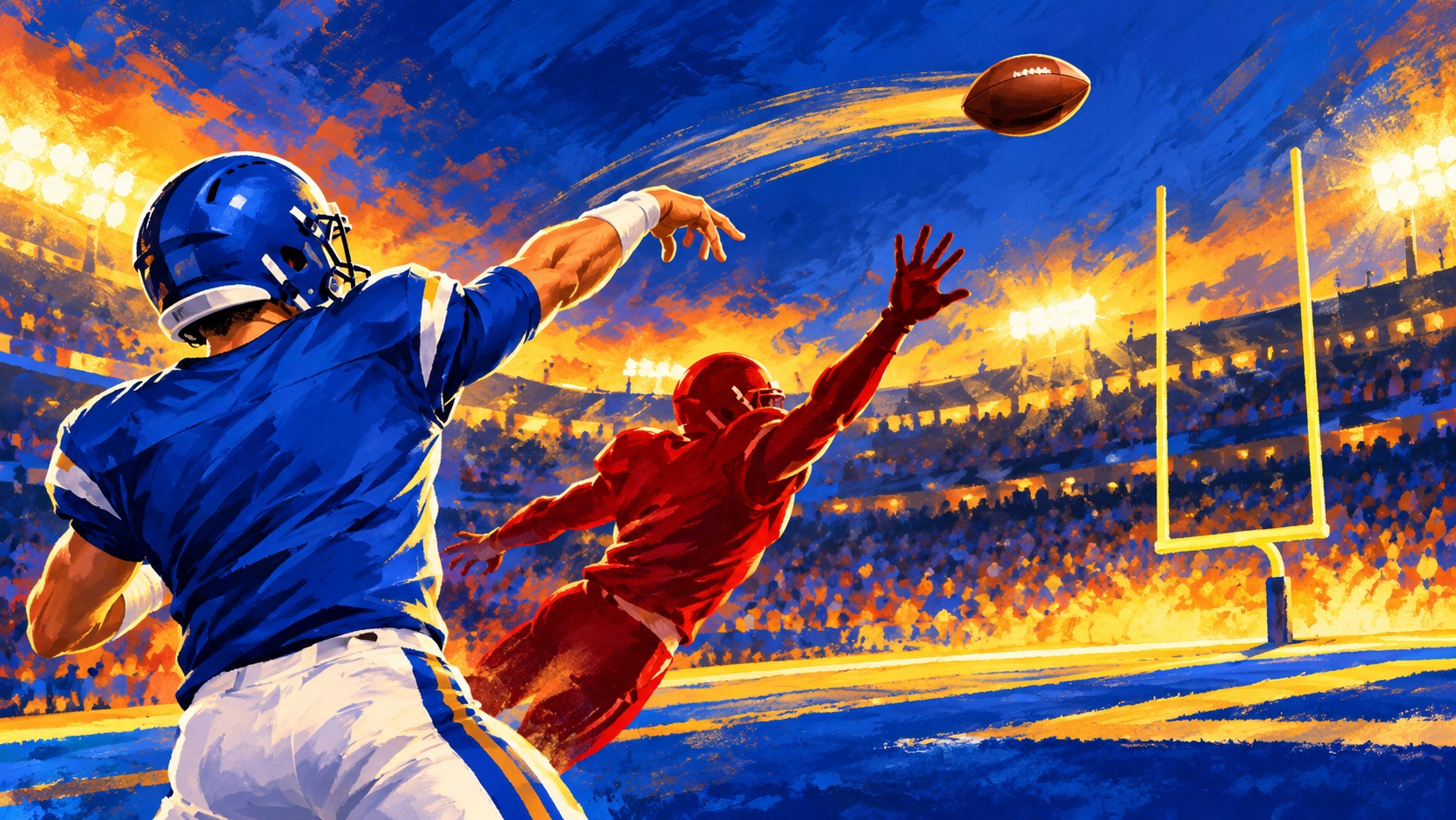Editorial illustration: An anonymous blue-shirted quarterback releases a completely blank brown ball beyond a red defensive silhouette toward end-zone lights; not a photograph.
