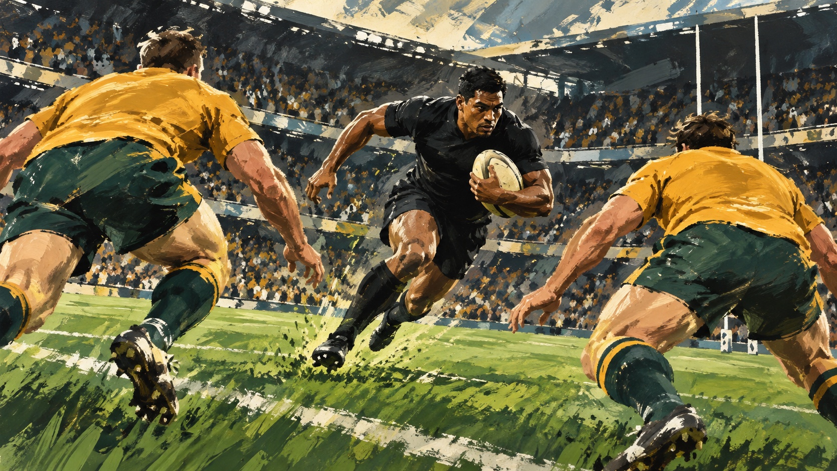 Editorial illustration: anonymous rugby players in black and gold representing the Bledisloe Test; not a photograph of the match.