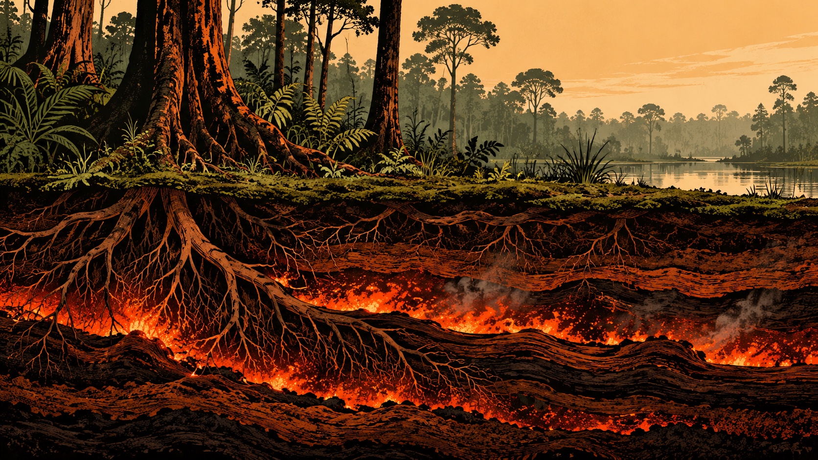 Editorial illustration: An illustrated cross-section of tropical peatland with gentle embers deep beneath tree roots while the surface looks quiet; not a photograph.