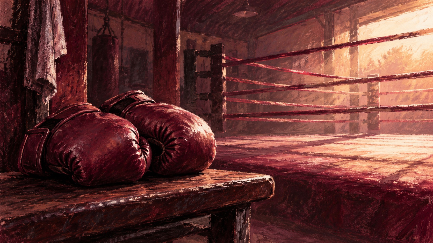 Editorial illustration: Two plain boxing gloves resting on a gym bench while a row of empty practice ropes extends toward the light, legacy and next generation; not a photograph.