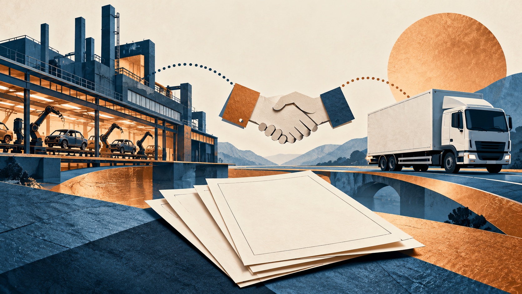 Editorial illustration: An imagined auto factory silhouette linked by a dotted paper handshake to a plain delivery truck, blank agreement pages with no official seal; not a photograph.