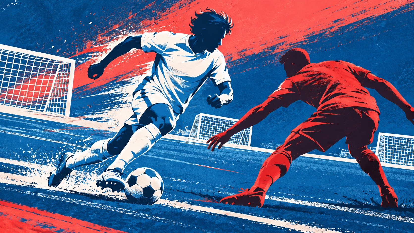 Editorial illustration: A white-blue unbranded football winger sprinting past a red-shirted silhouette with three small net motifs in background; not a photograph of the event or an official product depiction.