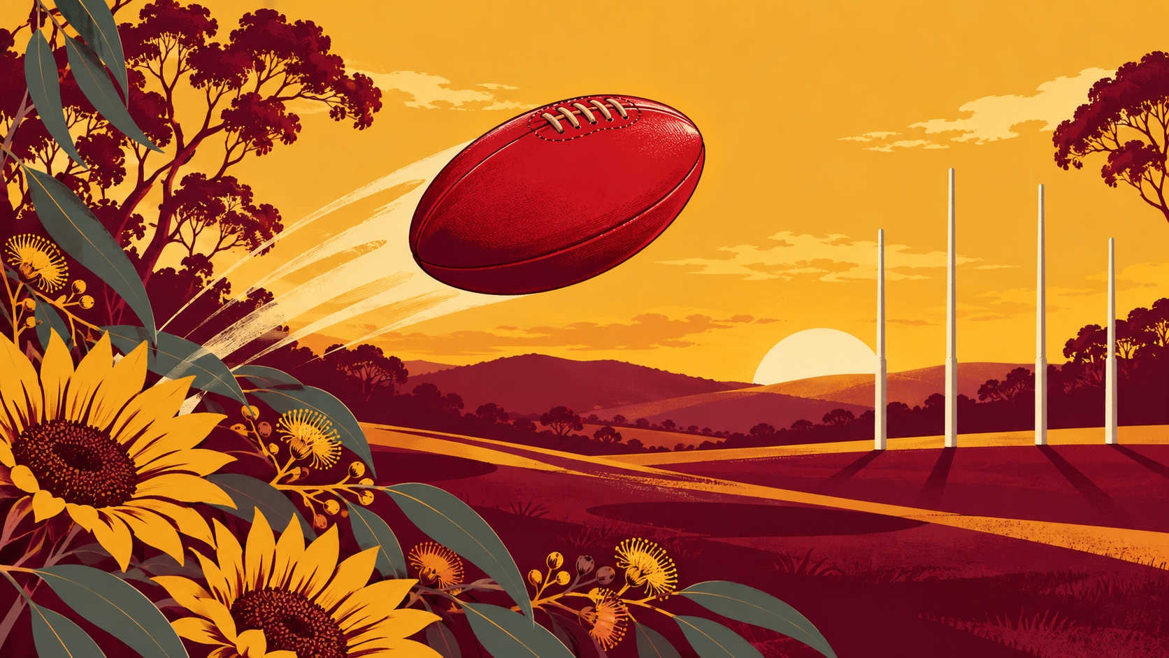 Editorial illustration: A perfectly blank red oval AFL ball with no stripes drifting over maroon and gold waves toward four unconnected upright goalposts: middle two taller; not a photograph.