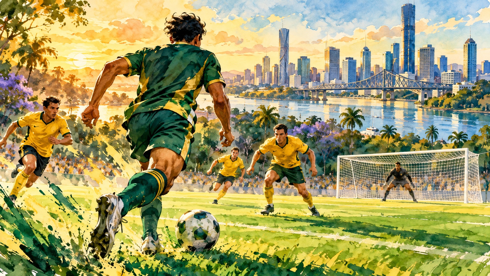 Editorial illustration: An anonymous green-and-gold shirted footballer moving toward goal with yellow-shirted opponents approaching from the other direction; not an event photograph or official product image.