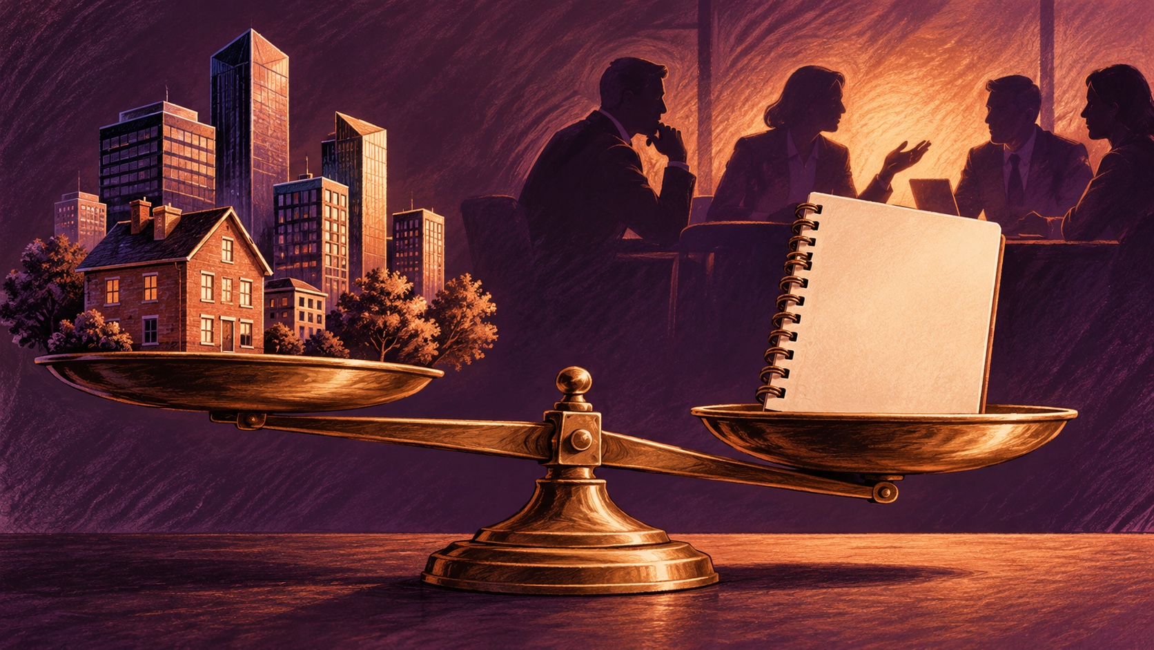 Editorial illustration: A brick house and office skyline on a tilted brass balance next to a plain budget notebook, confidence meeting borrowing pressure not a numerical forecast; not a photograph.