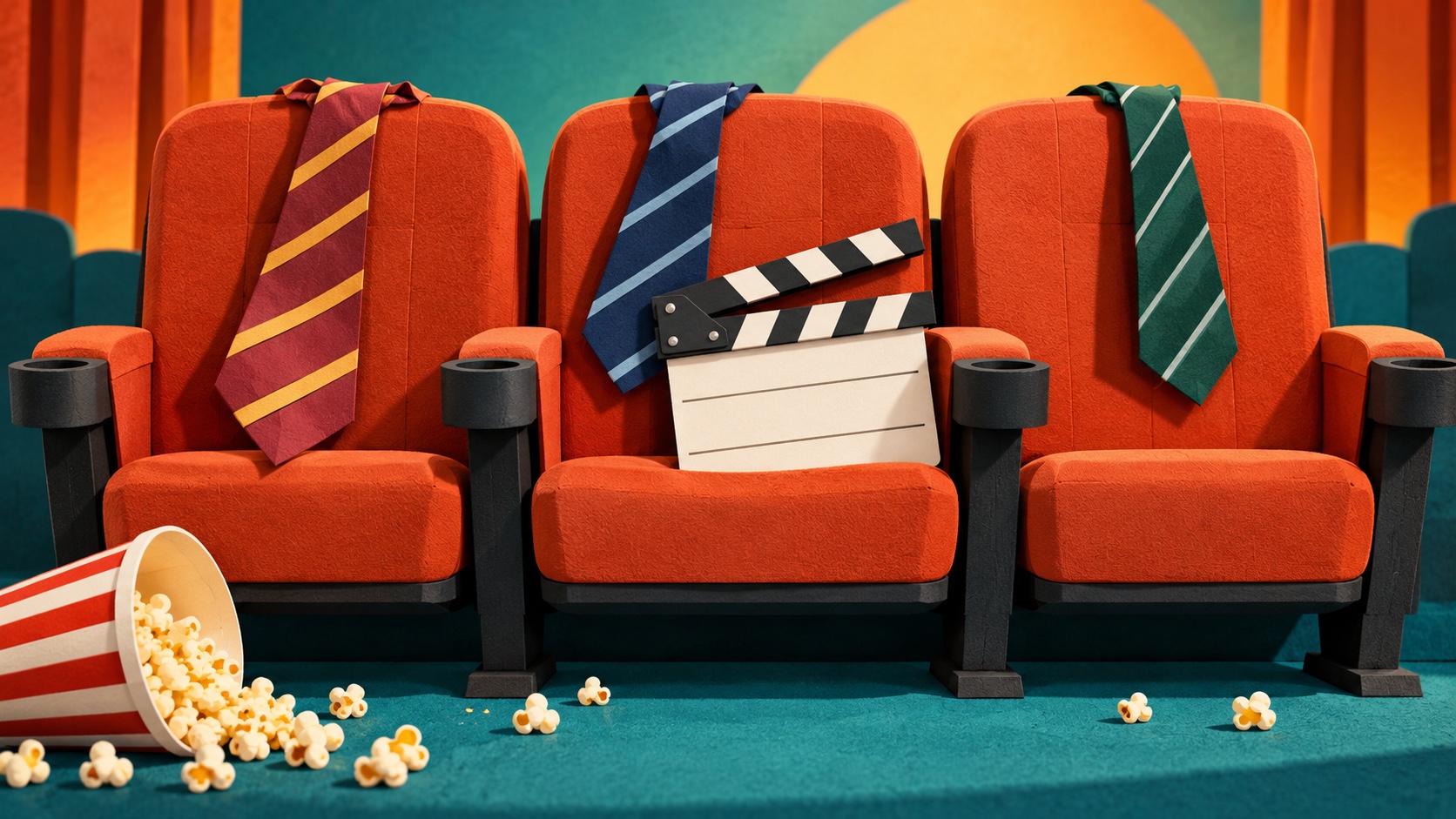 Editorial illustration: Three empty cinema seats beside a clapperboard with blank slate and several plain school ties draped over seat backs, a comedy reunion concept with no characters; not a photograph.