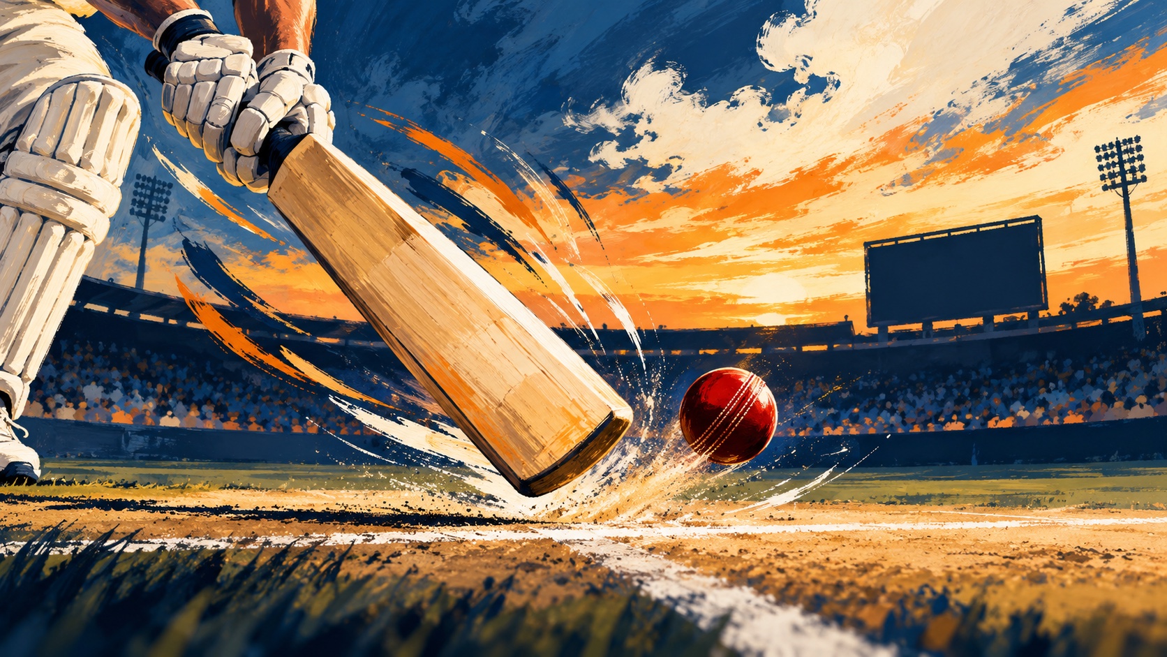 Editorial illustration: An unbranded cricket bat raised above a white crease with a ball and many small brushstroke trails, distant blank scoreboard; not a photograph.