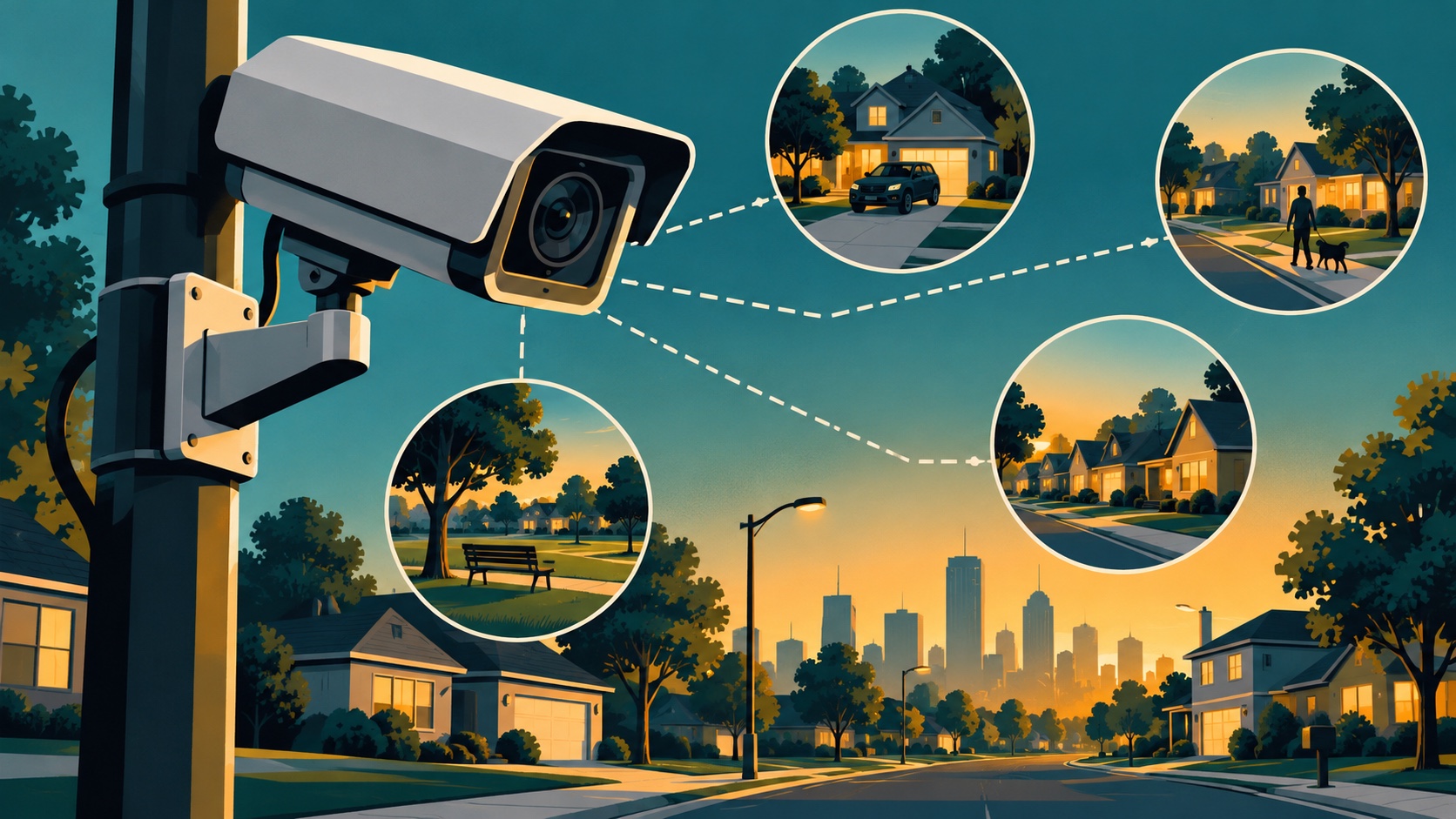 Editorial illustration: A stylized blank roadside camera connected by paper dotted lines to several small neighborhood scenes; not a photograph.