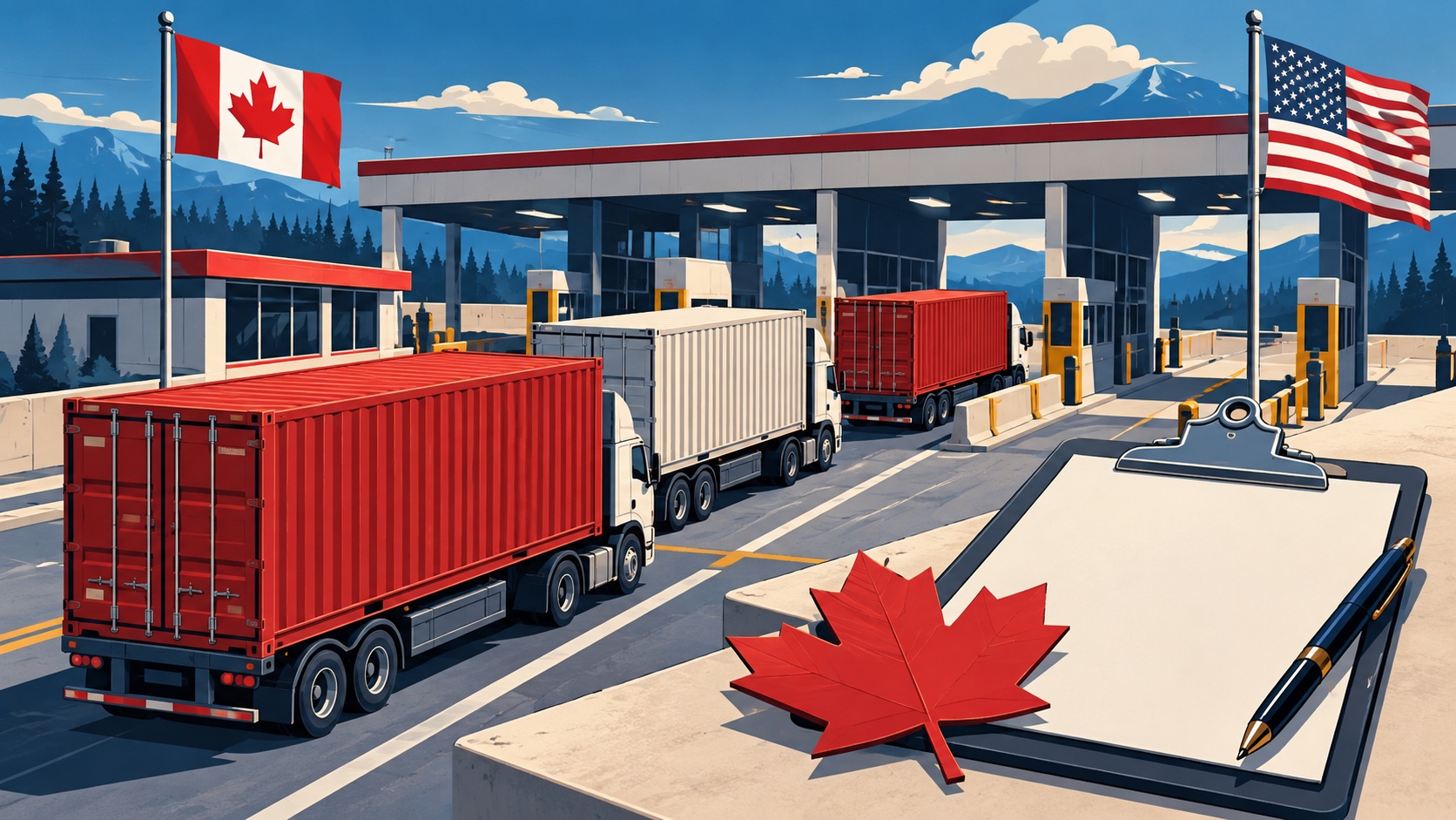 Editorial illustration: Plain shipping containers paused beside a stylized North American border checkpoint; not an event photograph or official product image.