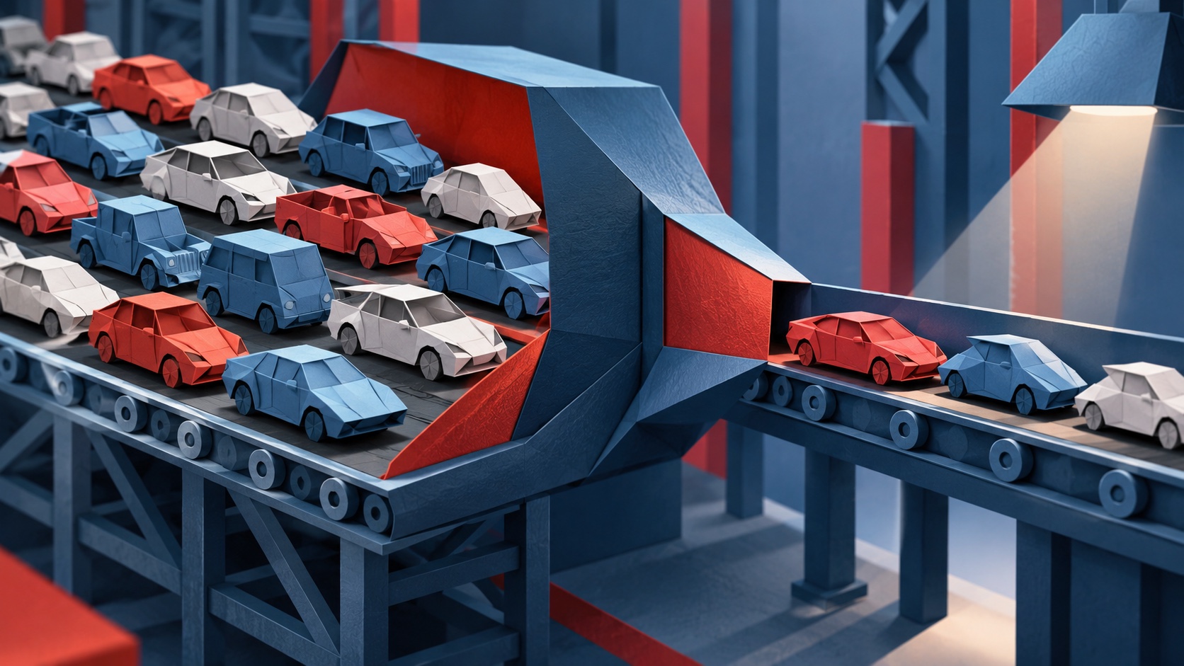 Editorial illustration: A row of clearly imaginary unbranded cars made of folded paper narrowing from many shapes to a few on an abstract factory conveyor; not a photograph.
