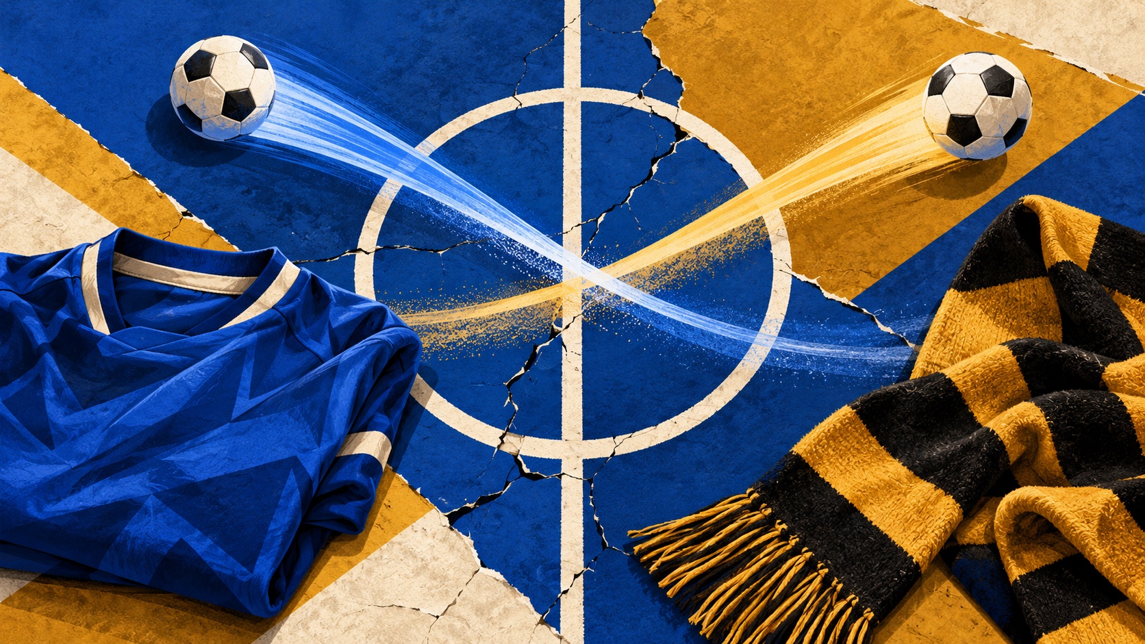 Editorial illustration: A blue football jersey folded beside a gold-black scarf, two ball paths cross over a cracked paper midfield circle; not a photograph.