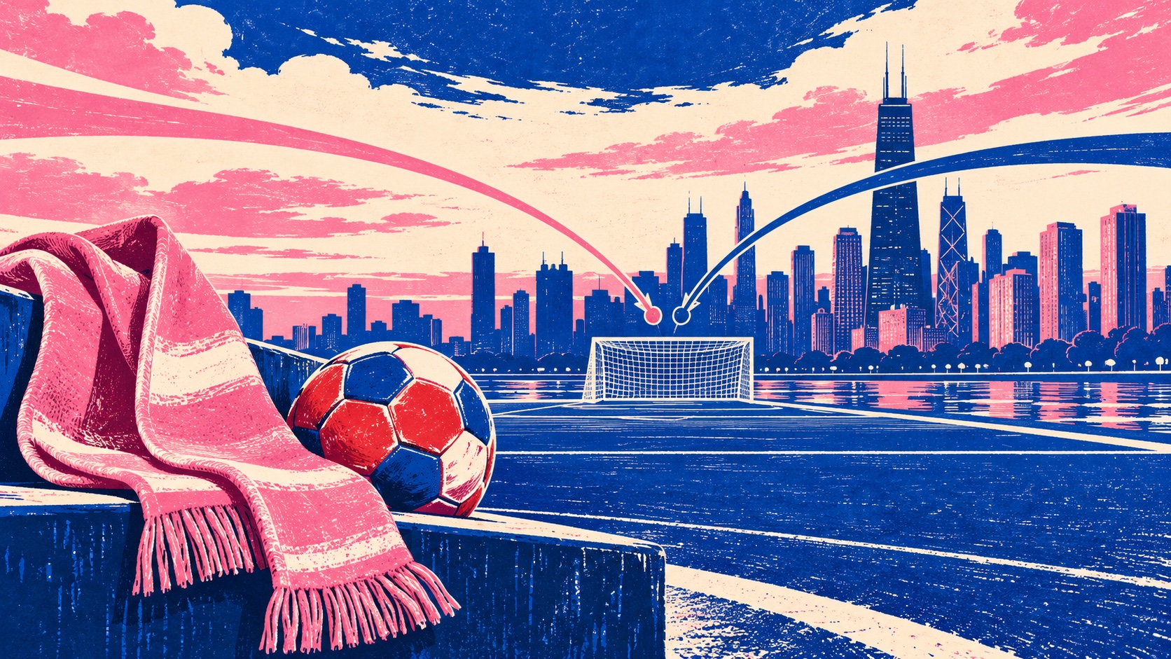 Editorial illustration: An unbranded pink football scarf and a red-blue paper ball beside a Chicago-inspired skyline, two distinct passing arcs converge at a simple empty goal; not a photograph.