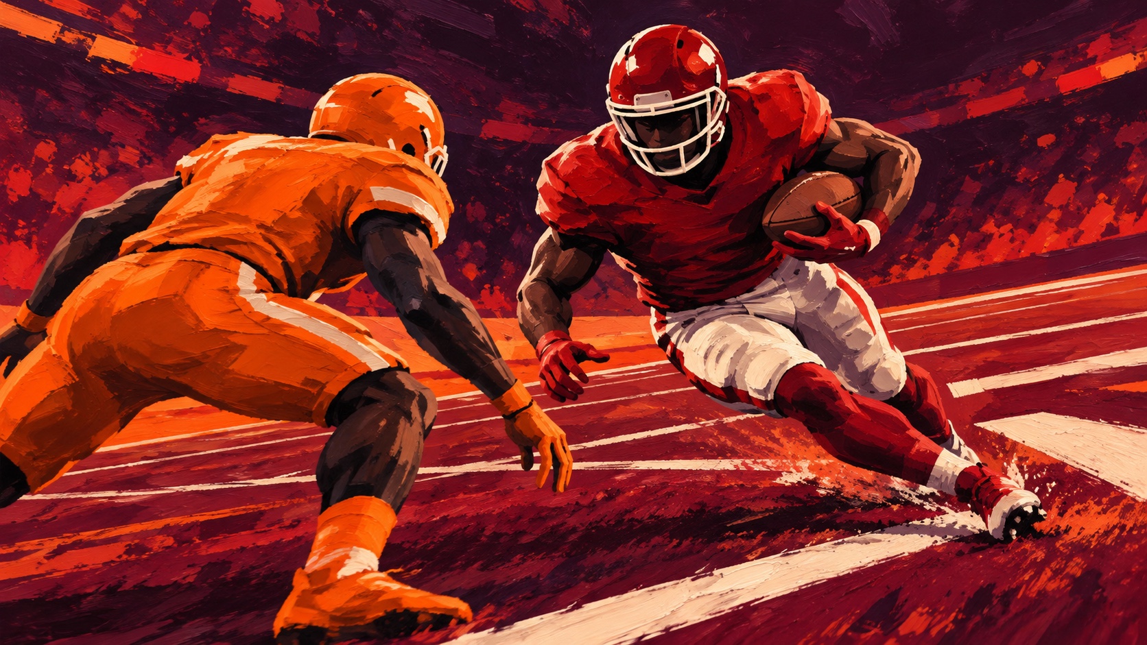 Editorial illustration: Anonymous red-shirted running back turning a corner around a plain orange defender, blank brown football and angular yard lines; not a photograph.