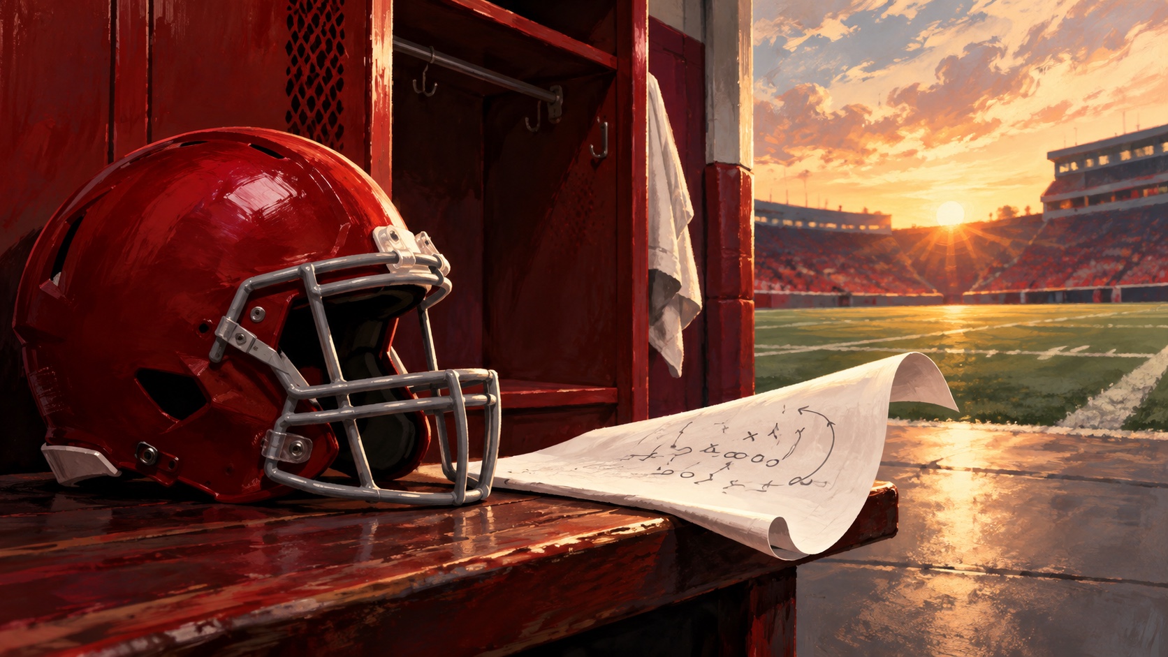 Editorial illustration: A plain crimson American-football helmet beside an empty veteran's locker, a fresh white playbook page curling toward a field; not a photograph.