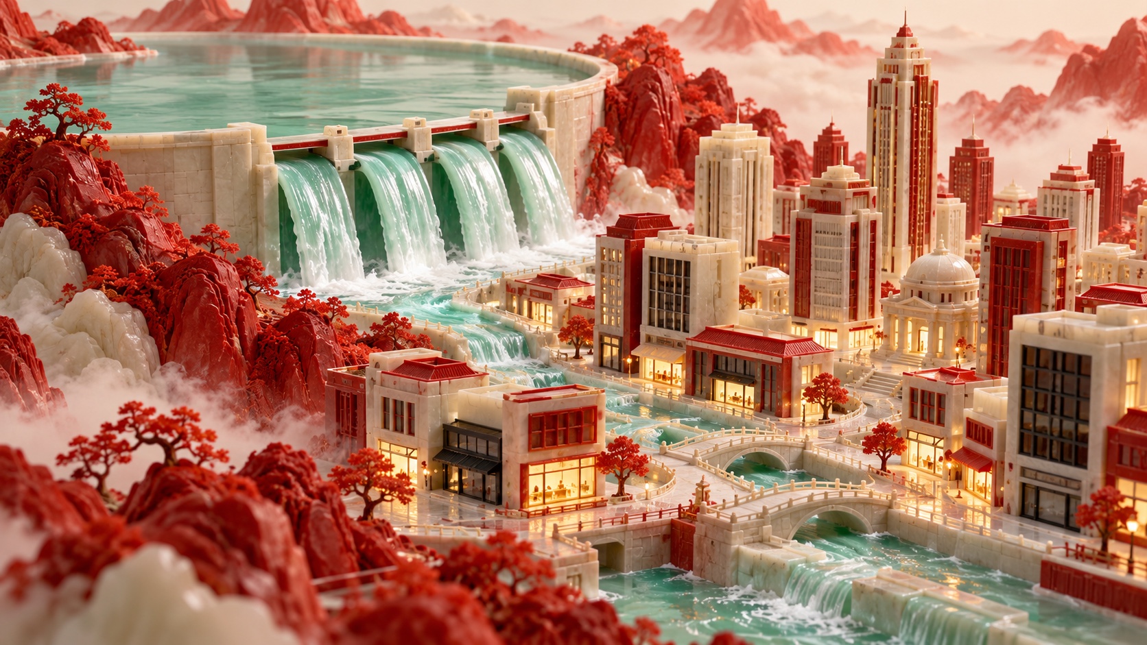 Editorial illustration: Water flowing from a large reservoir into a financial-city model while some storefront windows remain dim, capacity versus demand metaphor with no real bank or currency; not a photograph.