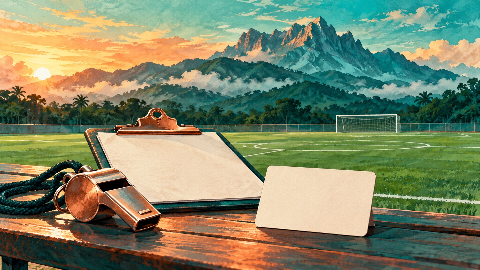 Editorial illustration: A plain football whistle and empty clipboard beside an unmarked quiz card, a drawn Sabah-inspired mountain silhouette behind the pitch; not a photograph.