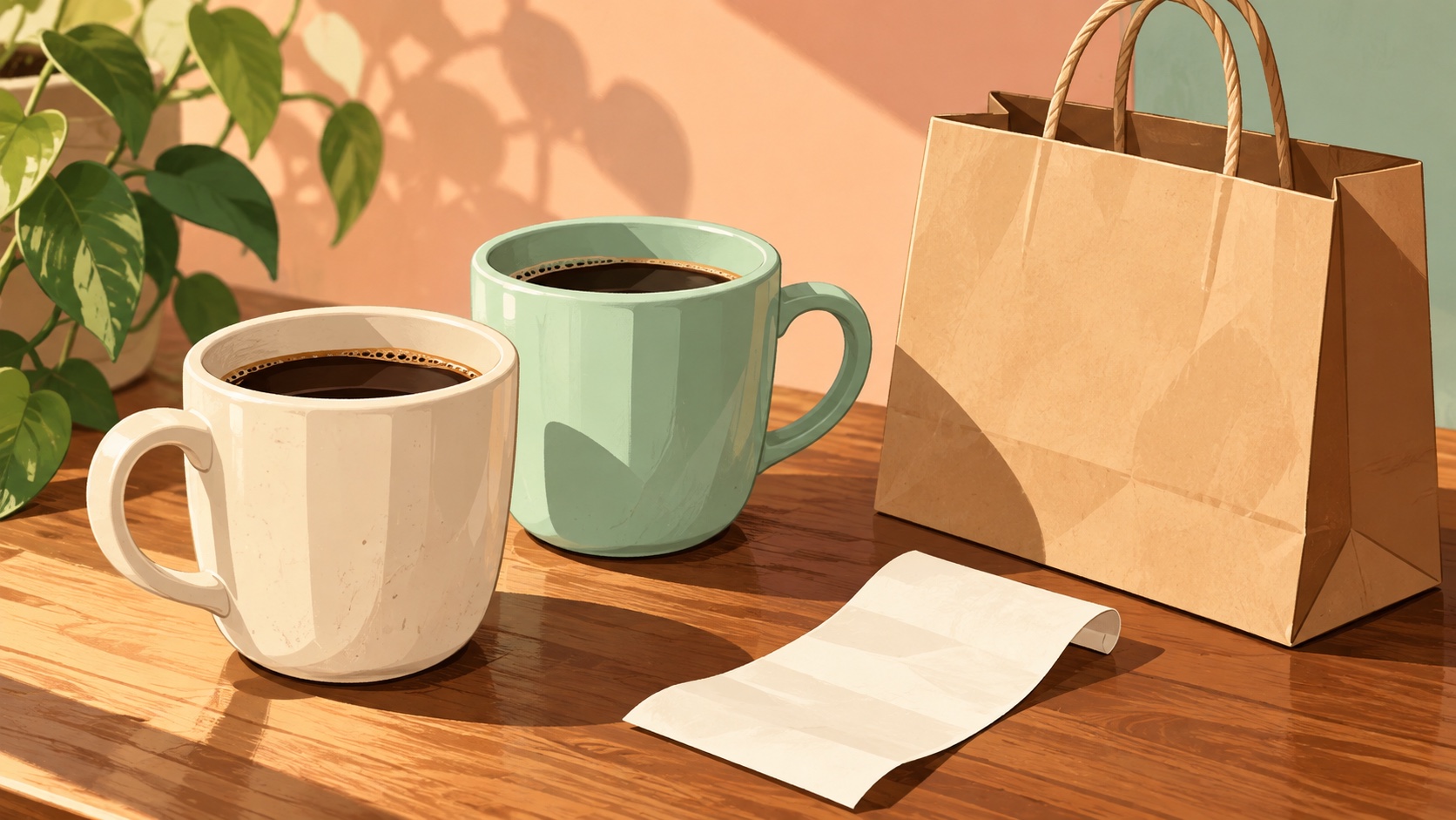 Editorial illustration: Two completely plain ceramic coffee cups beside a blank receipt and an empty shopping bag; not a photograph.